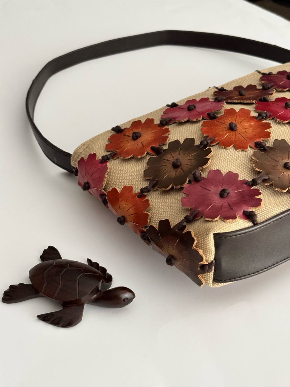 Rolfs Linen & Leather Floral Appliqué Shoulder Bag Boho - Picture 3 of 6